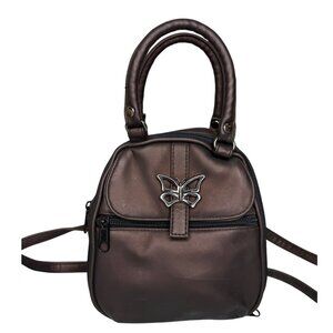 Y2K‎ Brown Metallic Mini Faux Leather Backpack Purse Butterfly Charm 7"
